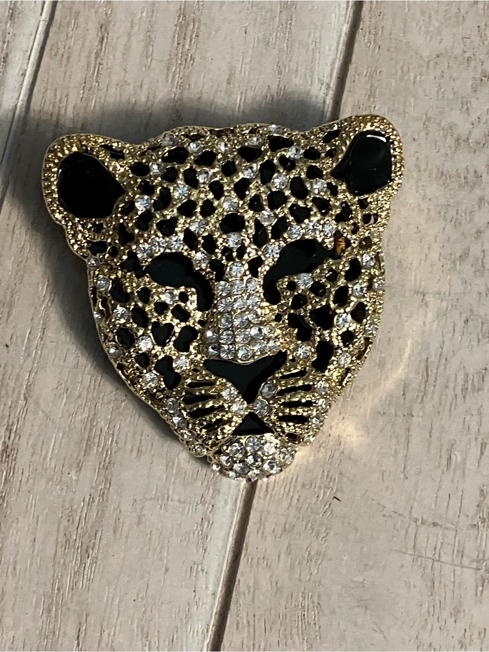 🌸Gold Crystal Leopard Head Brooch with Black Enamel
